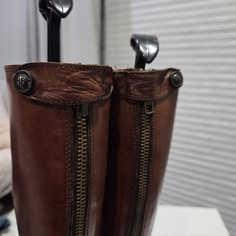 FRYE Melissa Cognac Leather Back Zipper Strap Riding Boot Flexstep Men's 5.5 - Picture 4 of 11